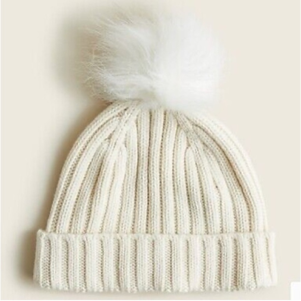 New with Tags -J.Crew- Ribbed pom-pom beanie Ivory 🍁❄️❄️ - Picture 1 of 8